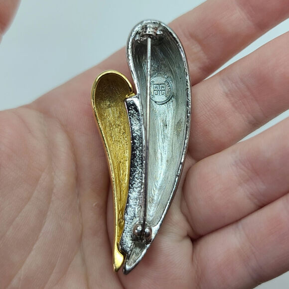 Givenchy Vintage Gold & Silver Brooch Pin 2 Tone Double Teardrop Pear Shape - Picture 3 of 4